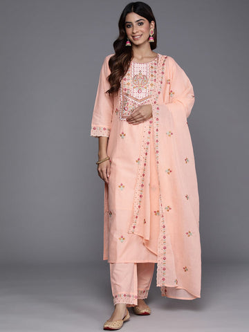 Varanga Floral Embroidered Sequinned Pure Cotton Kurta with Trousers & Dupatta
